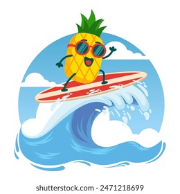 illustration of pineapple mascot character summer surfing