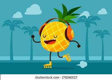 Illustration of pineapple on roller skates listen to music at the beach