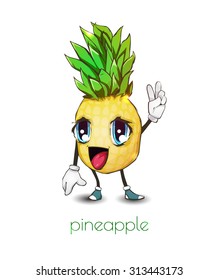 illustration of pineapple on a white background. Cheerful pineapple. Funny character.