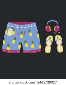 Illustration At Pineapple Patterned Swim Shorts and Radiophone, Flip Flops