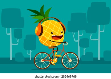 Illustration of pineapple riding bicycle in the park listen to music