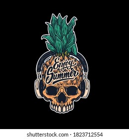 Illustration of pineapple skull with headphones. Design element for logo, label, sign, poster, card. Vector illustration