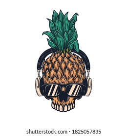Illustration of pineapple skull with headphones. Design element for logo, label, sign, poster, card. Vector illustration