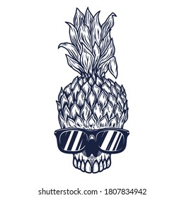 Illustration of pineapple skull in sunglasses. Design element for poster, card, banner. Vector illustration