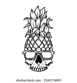 Illustration of pineapple skull in sunglasses. Summer theme. Design element for poster, card, banner, emblem, sign. Vector illustration