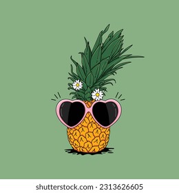 illustration of a pineapple using love glasses and with a very beautiful flower on a green isolated background. love pineapple. pineapple holidays.