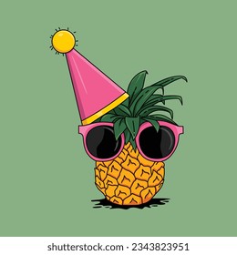 ilustración de una piña con gafas y un sombrero de cumpleaños muy lindo en un fondo verde aislado. me encanta la piña. día de la piña. sombrero de cumpleaños.
