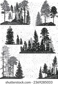 ilustración con pinos en la nieve seis grupos aislados en fondo blanco