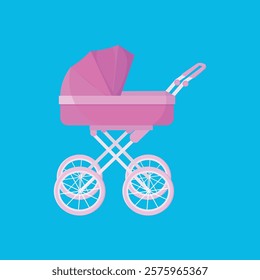 illustration of a pink baby stroller on a blue background