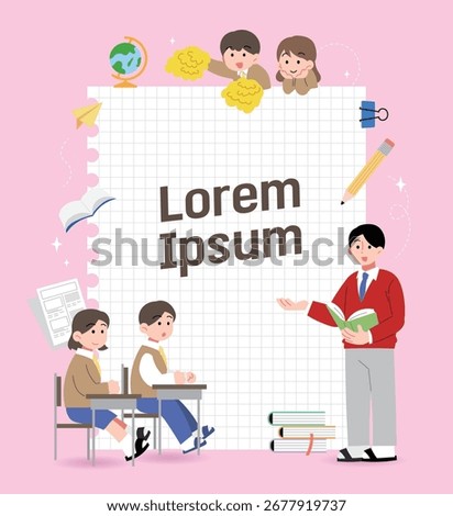 Illustration of a pink background, graph paper, students studying, and good luck to you.