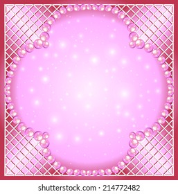 illustration of a pink background with pearls and netting