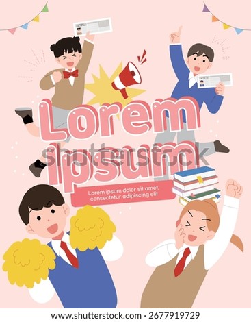 Illustration of a pink background, various students, and a discount for test takers