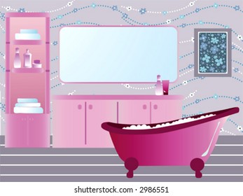 Illustration of pink bathroom with retro bathtub