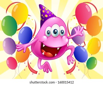 Illustration of a pink beanie monster in the middle of the balloons on a white background