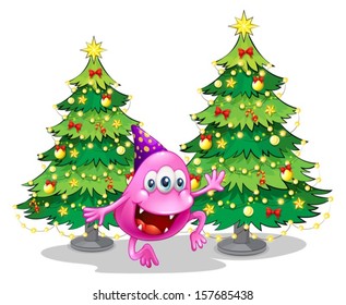 Illustration of a pink beanie monster near the green christmas trees on a white background