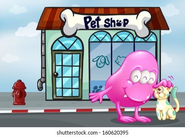 Illustration of a pink beanie monster and a pet in front of the pet shop