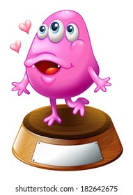Illustration of a pink beanie monster standing above the trophy stand on a white background