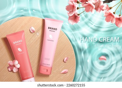 Illustration of pink beauty tube product display on wood plates with sakura flower and petals floating on wavy ripple water background