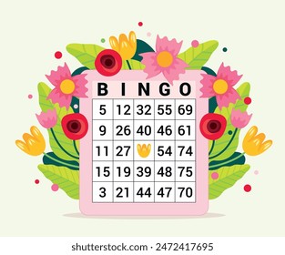 Illustration of a pink bingo game card surrounded by a bouquet of colorful flowers, a group game of chance organized by neighborhood community centers and retirement homes where you win gifts.