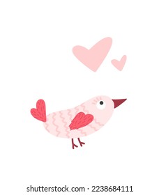 Illustration of a pink bird. Greeting card with pink hearts Valentine's day. Stylized drawing of a bird for sticks, packaging, poster, brochures


