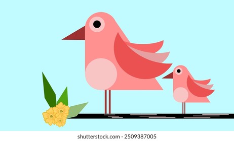 Illustration of pink birds on tree. abstract background.