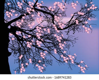 ilustración con ramas de árbol en flor rosa sobre fondo azul