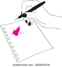 Illustration of the pink blot on paper and a female hand holding a fountain pen. Creating a painting. Learning art.