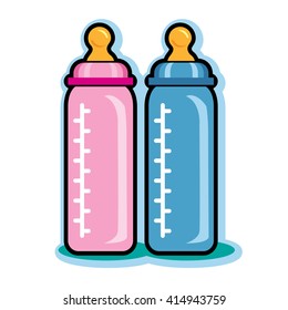 Illustration of pink and blue baby bottles