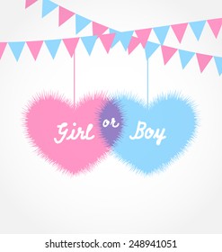 Illustration pink and blue baby shower in form hearts with hanging pennants - vector 