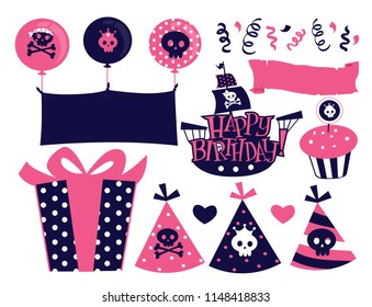 Illustration of Pink and Blue Female Pirate Birthday Elements with Balloons, Ribbons, Gift, Hats, Ship and Cupcake