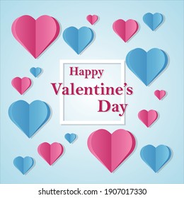 Illustration with pink and blue paper hearts for Valentine's Day on February 14 for design.