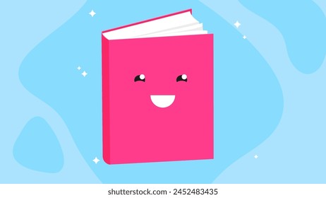 Illustration of a pink book with a happy face on a blue background