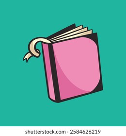 Illustration of a pink book with a ribbon bookmark on a green background. The book is open, showing pages. Pink book with ribbon, green backdrop. Funky vector illustration.