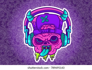 illustration of  pink brain in headphones.