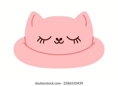 Illustration of a pink bucket hat with a sleeping cat face design. A charming and cozy summer accessory for cat lovers and little fashionistas.