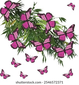 Ilustración con mariposa rosa y hojas verdes aisladas sobre fondo blanco