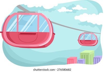Illustration of a Pink Cable Car Hovering in the Middle of the Cable Railway