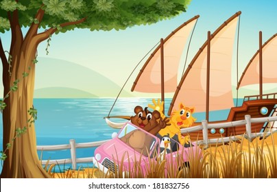 Illustration of a pink car with animals traveling near the sea