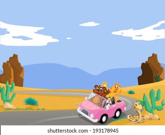 Illustration of a pink car with animals traveling