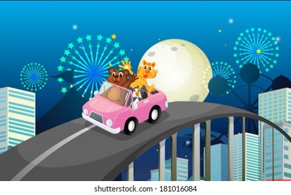 Illustration of a pink car with a bear, a tiger and a penguin