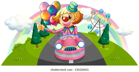 Illustration of a pink car with a female clown on a white background