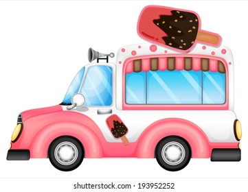 Illustration of a pink car selling icecream on a white background
