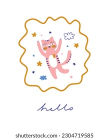 Illustration with a Pink Cat. Colorful Hand Drawn Vector Graphic With Cute Kitty, Stars, Clouds and Hearts in a Golden Frame made of Wavy Line. Happy Kitten Print ideal for Card, Wall Art, Poster.