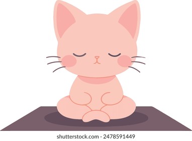 an Illustration of a Pink cat meditating with closed eyes on black surface in lotus position