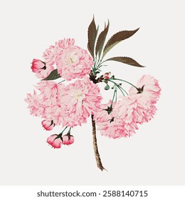 Illustration of pink cherry blossoms with green leaves. Cherry blossoms in full bloom. Delicate pink petals. Cherry blossoms on a branch. Elegant floral design. Vintage botanical illustration vector.