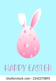 illustration of pink chicken egg with bunny nears near happy easter lettering on blue