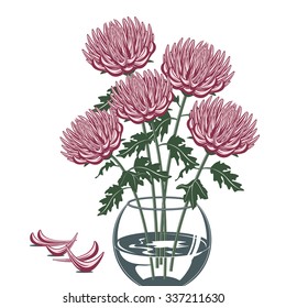 Illustration of pink chrysanthemums in a glass vase