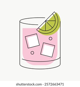 Illustration of a pink cocktail with ice cubes and a lime wedge. The cocktail glass is simple and stylish. Refreshing cocktail with lime and ice. Aesthetic vector illustration isolated on white.