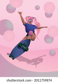 
Illustration in pink colors, where a stylish girl with pink hair is riding a skateboard