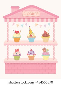 Illustration pink cute cupcakes house booth and kiosk for cafe shop. 